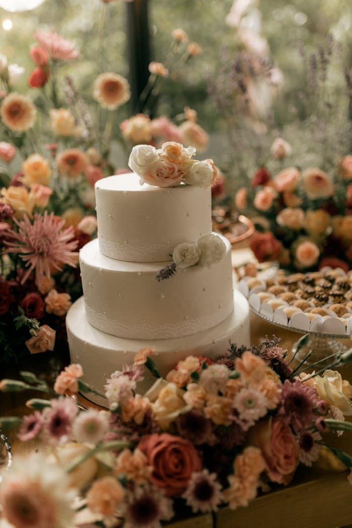 gallery-02 Three-tier wedding cake adorned with flowers amidst an arrangement of colorful blooms.